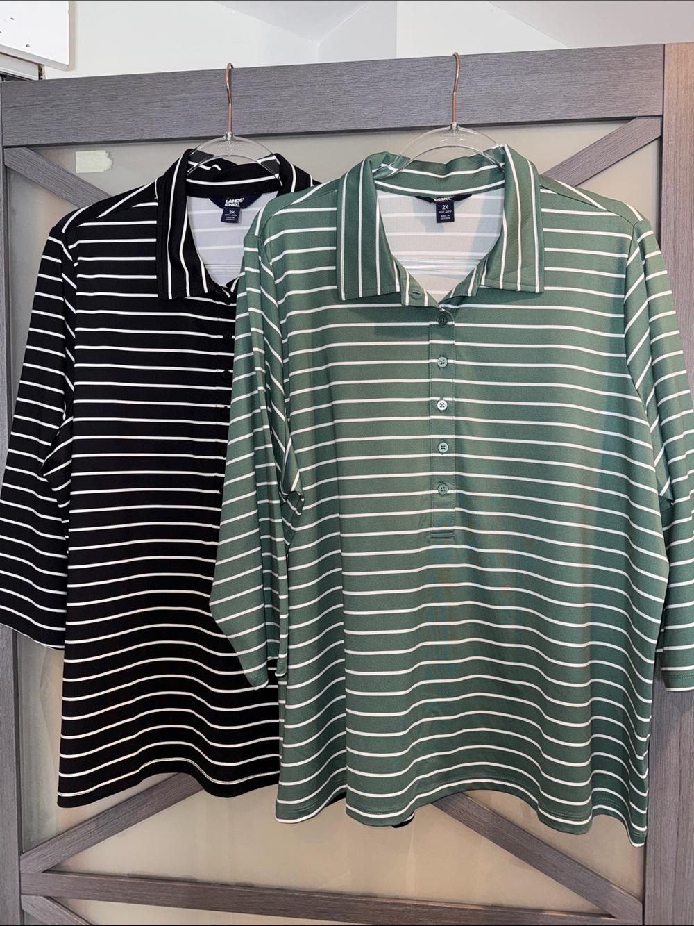 Lands' End Striped Polo Duo - Green & Black 3/4 Sleeve 2X
